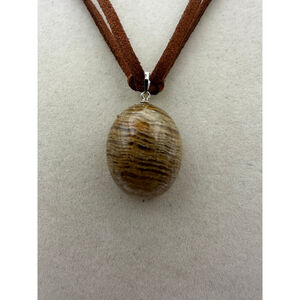 Oval Thousand Layer Garden Quartz Pendant Necklace on Brown Faux Suede
